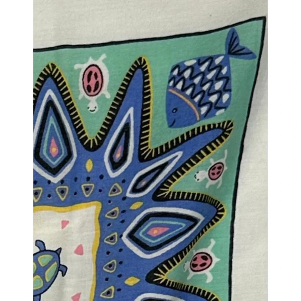 Vintage Sea Turtle Fish Bird Bandana White Blue Green Novelty Scarf Made in USA